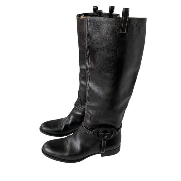 Gucci Interlocking G Logo Tall Riding Boots Knee Leather Black 7 GUC - Picture 9 of 16
